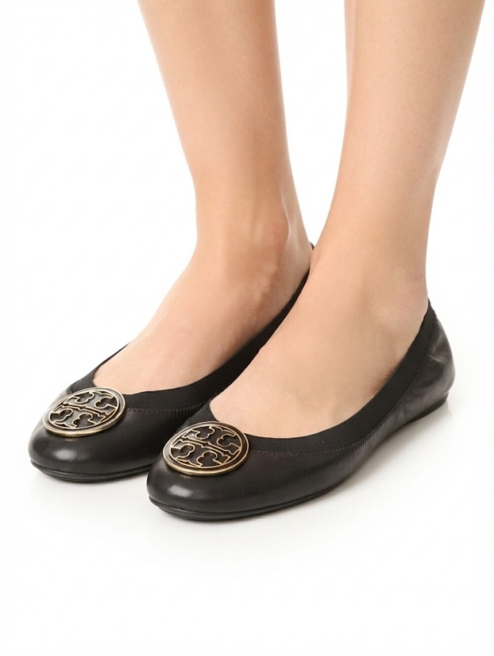 Tory Burch Black Leather Ballet Flats with Gold Logo Medallion Size 7.5